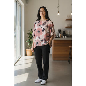 3/25 Floral Pink and Black Butterfly Sleeve Blouse M